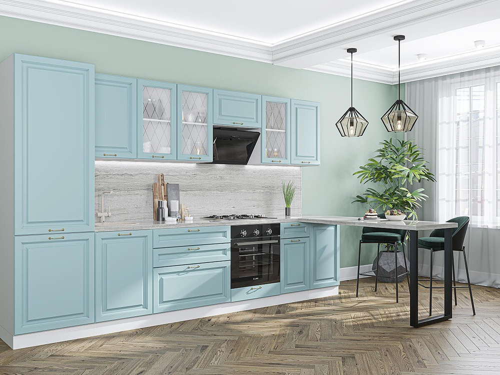 Прямая модульная кухня Ницца-02 Голубой - Белый 2140*3300*600