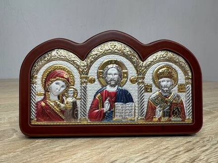 Спаситель, Казанская БМ, Николай Чудотворец, триптих, эмаль 65х115