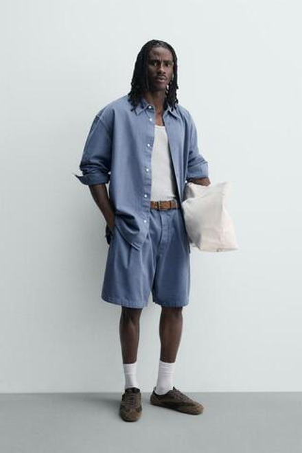 ZARA ШОРТЫ С ЭФФЕКТОМ ПОТЕРТОСТИ И СКЛАДКАМИ, СИНИЙ МЕЛАНЖ