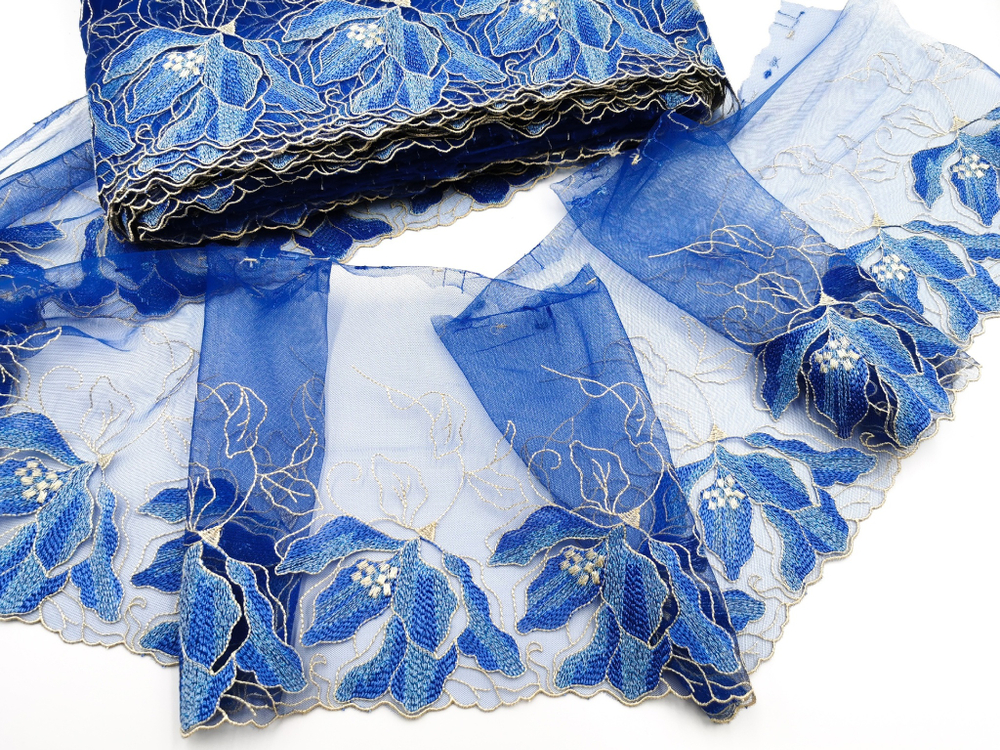 Вышивка на сетке, 20 см, ПРАВАЯ, цветы на васильковом фоне (Артикул: VS-2022), м