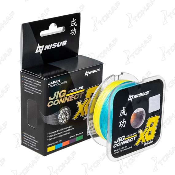 Шнур JIG CONNECT X8 PE Multicolor 150m #2.0, 0.22mm 15.5кг/22.9LB (T-N-JC-X8-0.22-150-M) NISUS