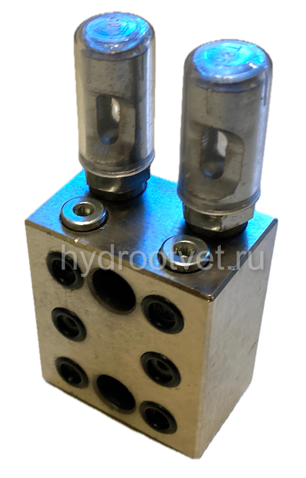 2-02-2П - Питатель модульного исполнения для двухлинейных смазочных систем с рабочим давлением 200 бар, количество выходов 2, максимальная доза на выход 2 мл/цикл, с регулятором и индикатором