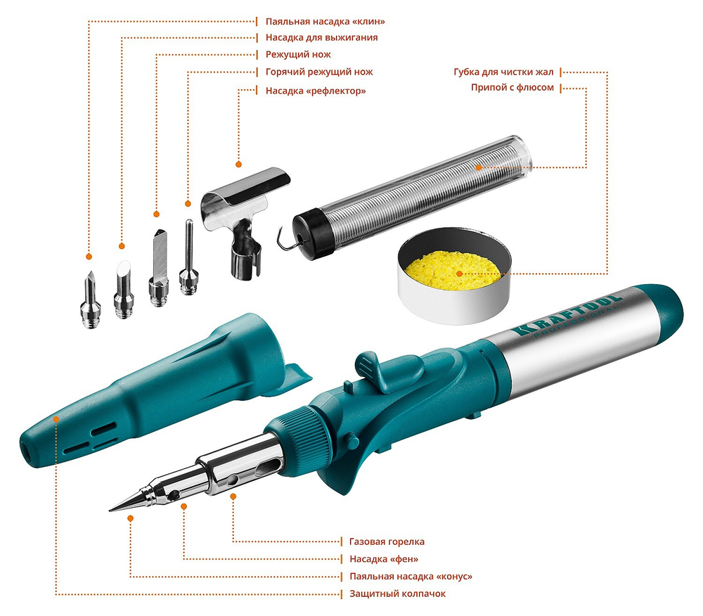 Газовый паяльник KRAFTOOL SolderPro 120K, набор 10-в-1, 30-120 Вт, горелка, фен, пьезоподжиг, 1300°С