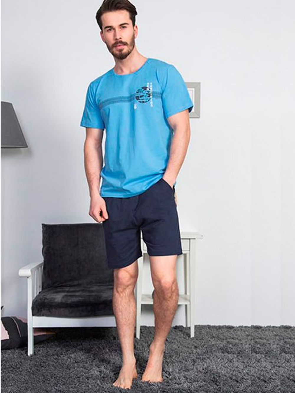 Мужской трикотажный комплект с шортами (Размер: M) (Цвет: голубой с синим)