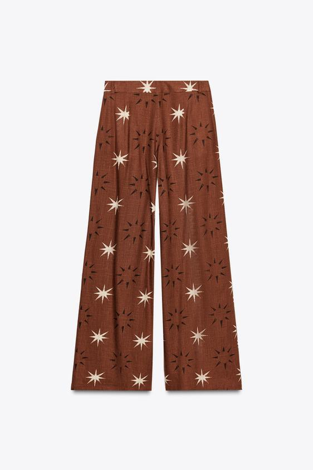ZARA ШИРОКИЕ БРЮКИ С ПРИНТОМ «СОЛНЦЕ» ИЗ ЛЬНА, ТЕРРАКОТОВЫЙ