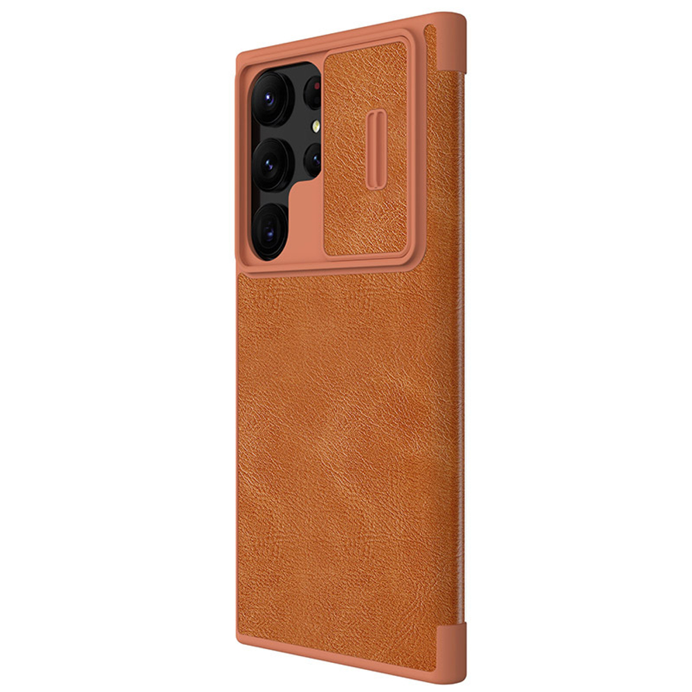 Кожаный чехол книжка коричневого цвета от Nillkin для Samsung Galaxy S23 Ultra, серия Qin Pro Leather с защитной шторкой для камеры