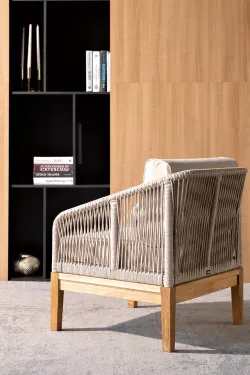 "Канны" кресло плетеное из роупа, основание дуб, роуп бежевый круглый, ткань бежевая 15052