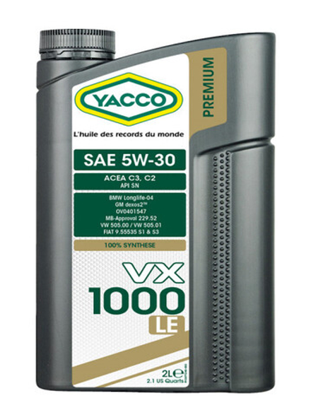 YACCO5W30VX1000LE2 YACCO Масло моторное синтетическое 2 л - ACEA C2/C3,API SN,BMW Longlife-04, MB 22