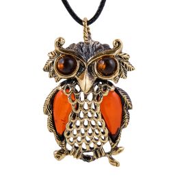 AM-1710 Подвеска «Сова на ветке» (латунь, янтарь)