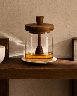 ZARA HOME БАНКА ИЗ ТЕРМОСТОЙКОГО СТЕКЛА И ДЕРЕВА ДЛЯ МЕДА, СВЕТЛО-БЕЖЕВЫЙ