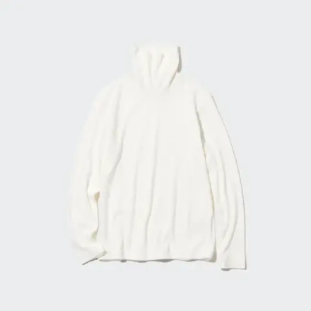 UNIQLO ТОП ИЗ ФЛИСА HEATTECH С ВЫСОКИМ ВОРОТНИКОМ И ДЛИННЫМИ РУКАВАМИ, БЕЛЫЙ