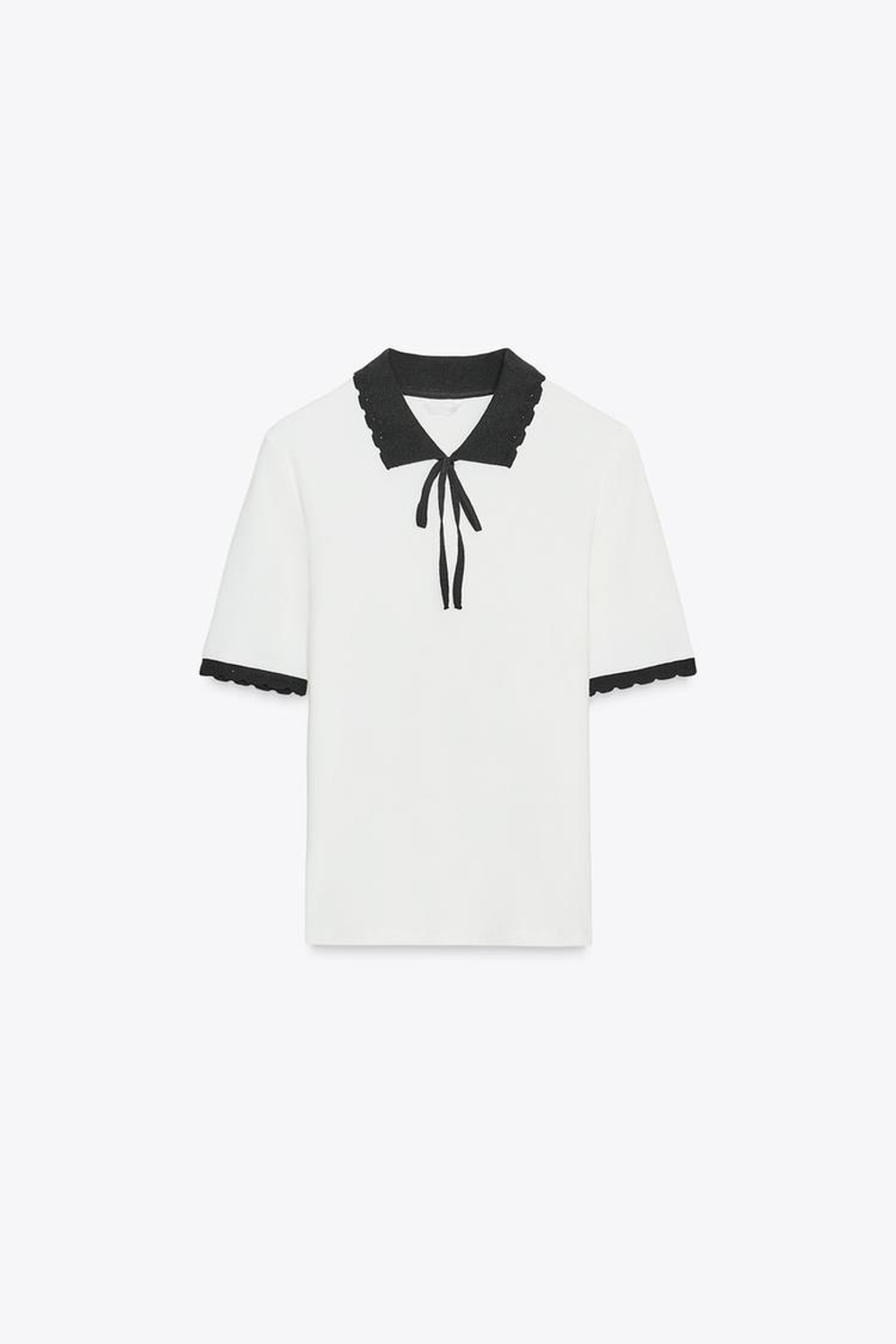 ZARA ФУТБОЛКА С КОНТРАСТНЫМ ВОРОТНИКОМ И БАНТОМ, БЕЛЫЙ