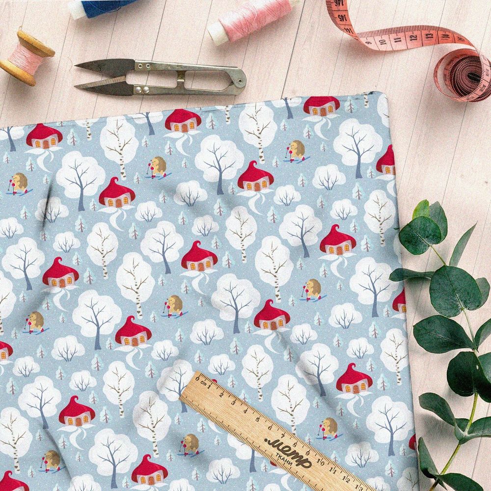 Ткань шелк Армани красный домик с белым деревом