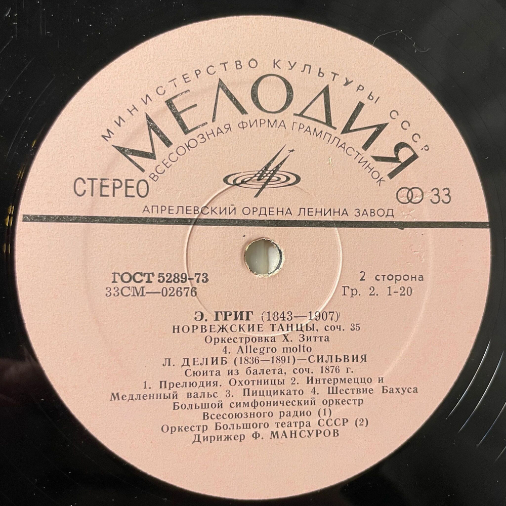Винтажная виниловая пластинка LP Л. Бетховен, Э. Григ, Л. Делиб, Фуат Мансуров, Освящение Дома / Норвежские Танцы / Сильвия (СССР 1971)