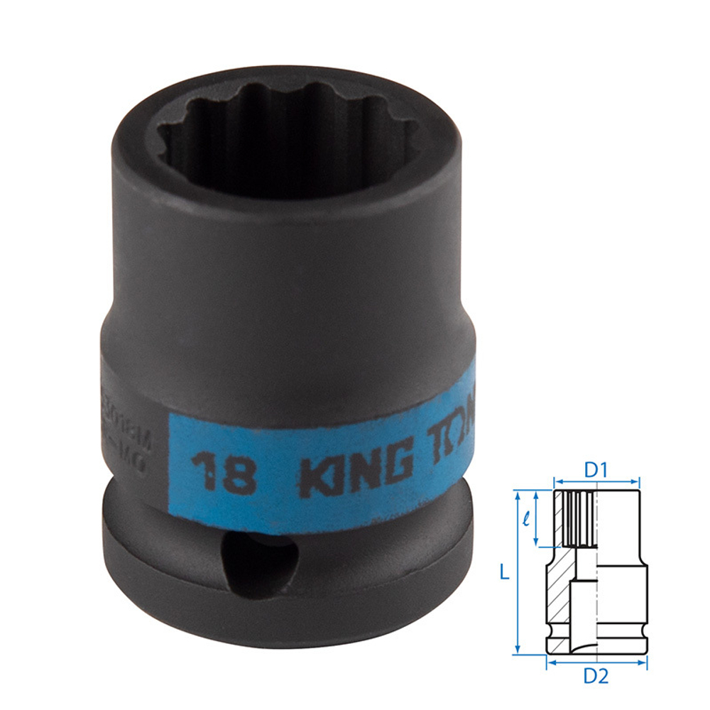 KING TONY (453018M) Головка торцевая ударная двенадцатигранная 1/2", 18 мм