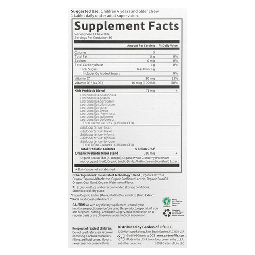 Garden of Life, Dr. Formulated Probiotics, органические жевательные таблетки для детей с пробиотиками и витаминами C и D, вкусный органический арбуз, 30 вкусных жевательных таблеток