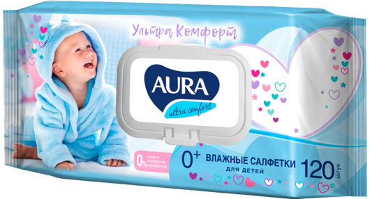 Влажные салфетки детские 0+ с экстрактом алоэ и витамином Е, с крышкой "AURA", 200 шт