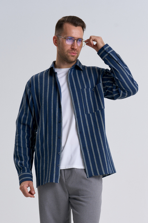 Сорочка мужская ZEER длинный рукав, цвет темно синий, полоска хлопок/пэ 54814 01