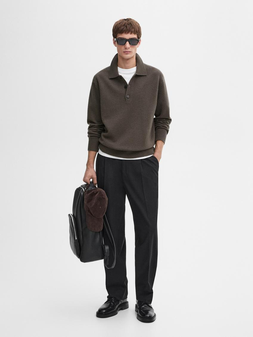 Massimo Dutti Свитер из 100% шерсти с воротником-поло, серый