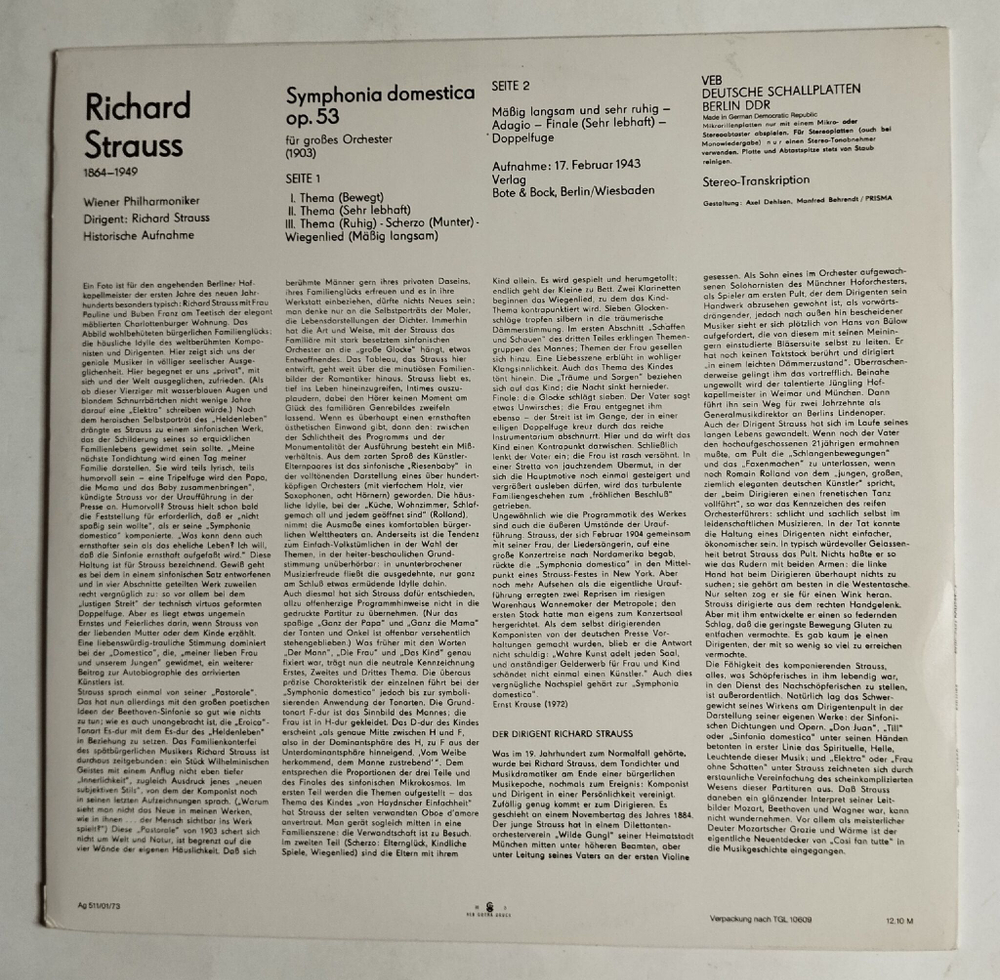 Винтажная виниловая пластинка LP Richard Strauss Рихард Штраус Symphonia Domestica Op.53 (ГДР 1972)