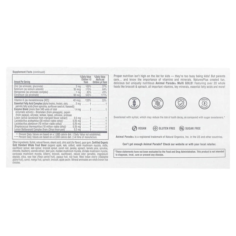 NaturesPlus, Animal Parade® Gold, жевательные мультивитамины для детей, со вкусом апельсина, 120 таблеток в форме животных