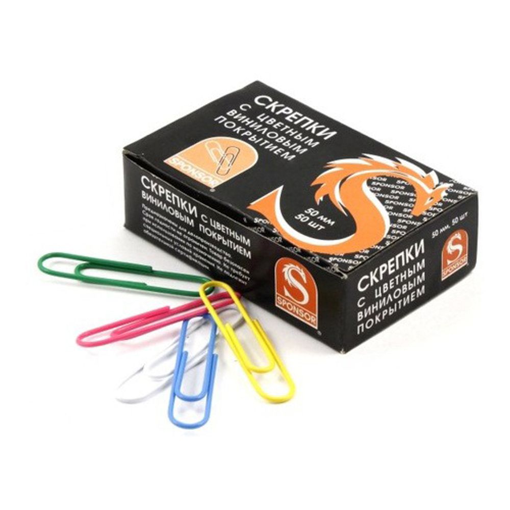 Скрепки канцелярские Sponsor, 50 мм, разноцветные, 50 шт