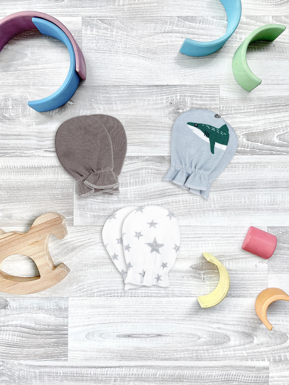 Рукавички-антицарапки Mjölk Акулы/Fog/Звёзды, сет из 3х пар