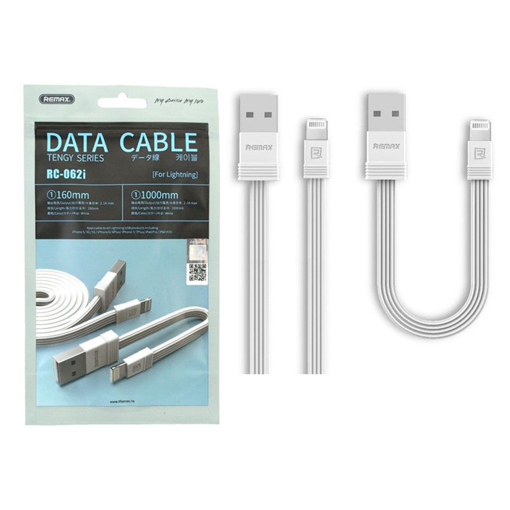 Кабель USB - Lightning (для iPhone) Remax RC-062i (плоский, комплект 1 м и 160 мм) Белый