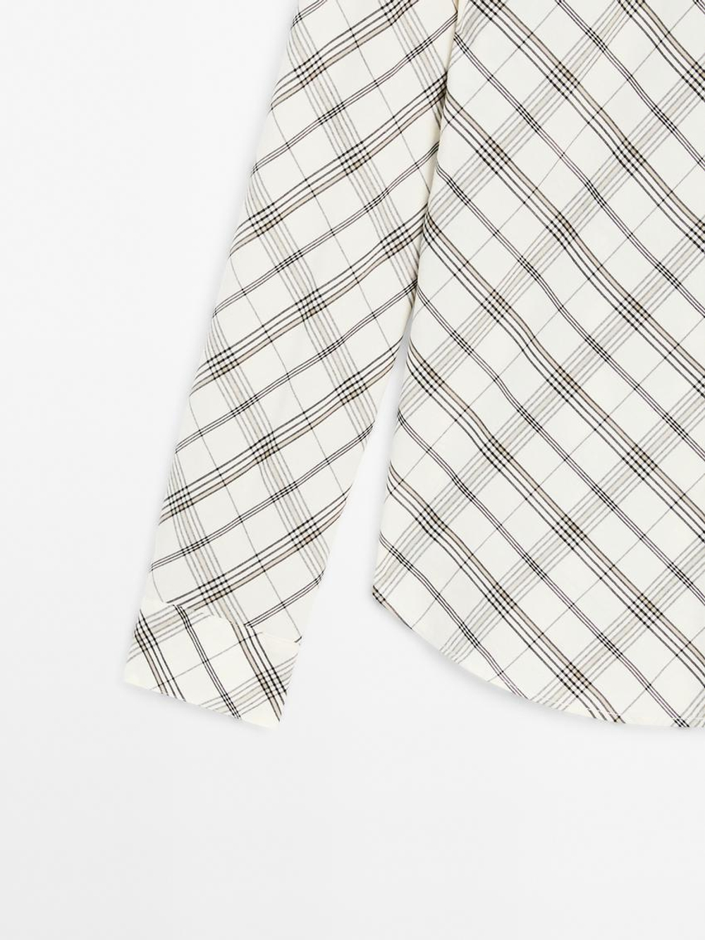 Massimo Dutti Рубашка в клетку из смесовой хлопковой ткани с кроем по косой, натуральный, кремовый