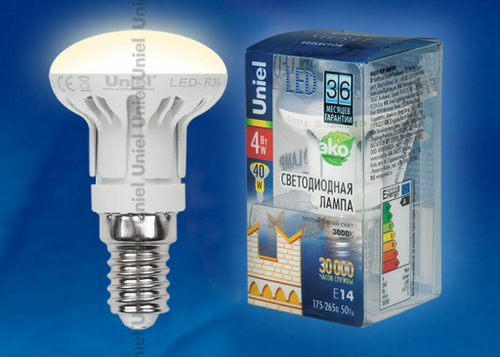 LED-R39-4W/WW/E14/FR ALM01WH Лампа светодиодная. Форма рефлектор, матовая колба. Материал корпуса алюминий. Цвет свечения теплый белый. Серия Merli.