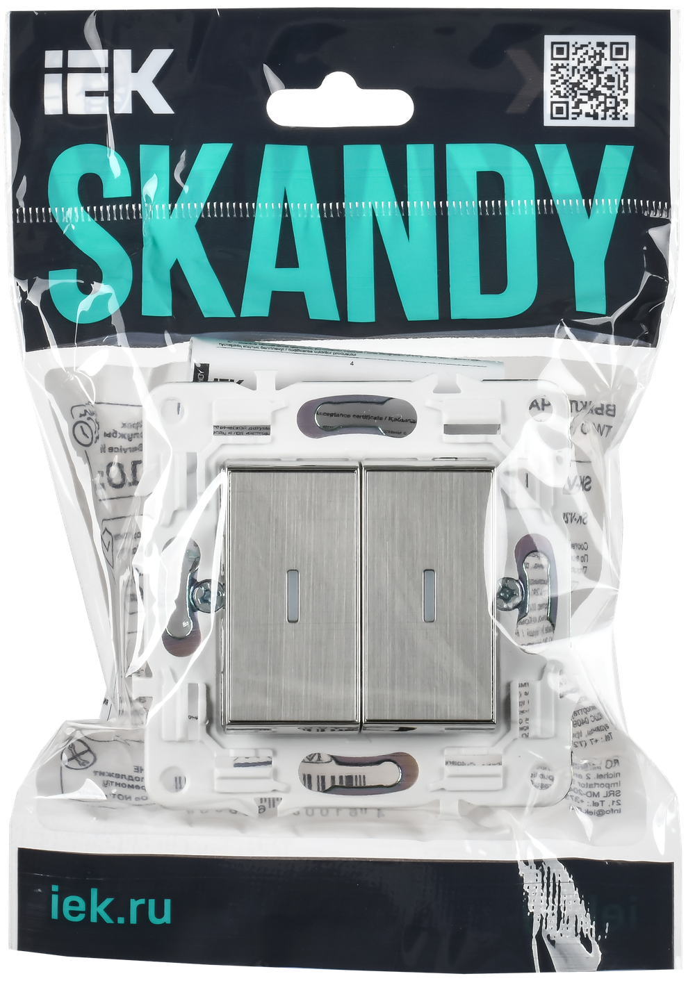 SKANDY Выключатель 2-клавишный проходной с индикацией 10А SK-V10N металл никель IEK