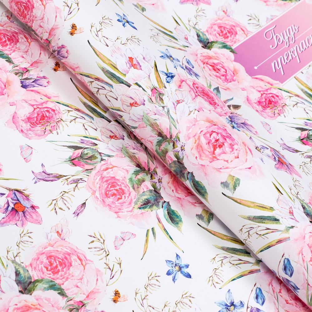Бумага глянцевая "Акварельные цветы" 100*70 см (1 лист)