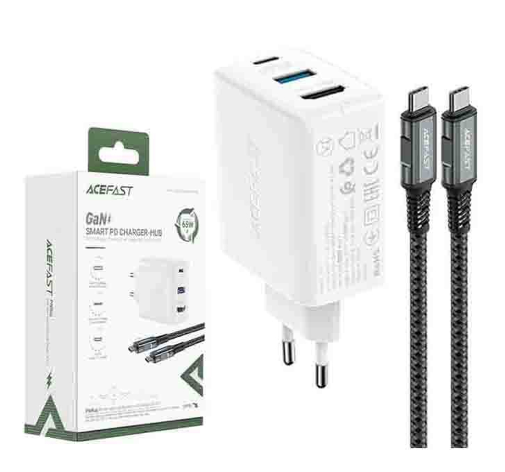 Сетевой адаптер питания ACEFAST A17 USB-C/USB/4K/HD 65W + кабель Type-C - Type-C (белый)