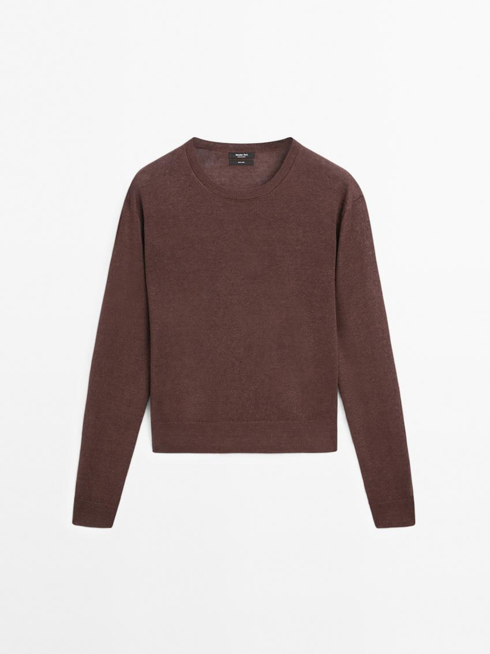 Massimo Dutti Свитер из 100% льна с круглым вырезом, коричневый