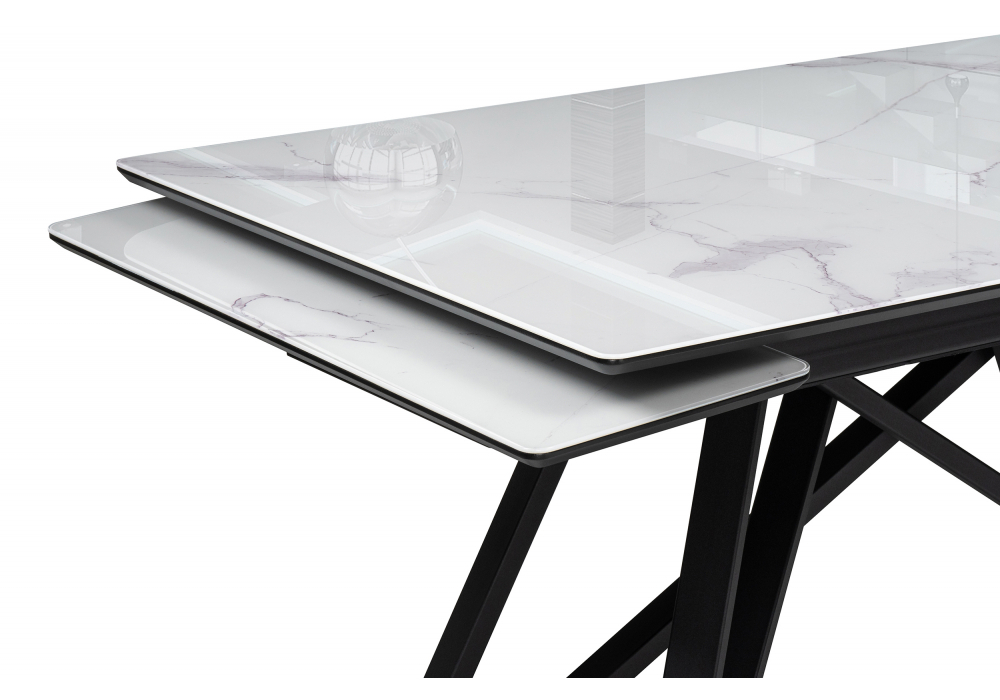 Стол стеклянный Woodville Вилсон 140(200)х80 белый мрамор, черный, ножки черные