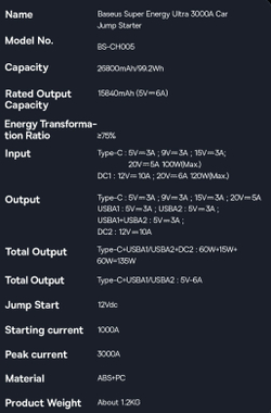 Пусковое портативное устройство бустер BASEUS 26800mAh 3000A. Jump starter. Powerbank. Buster.