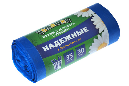 Мешки для мусора Надежные 35л 30 шт/уп 12мкм 50смх60см синие с ушками вес рулона 200г вес мешка 6.66г ПСД дно плоское,без шва и боковых фальцев Ромашка ВЛ-034-30