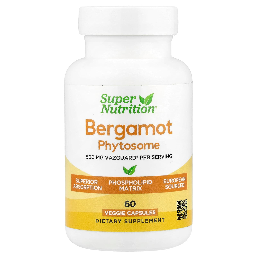 Super Nutrition, Bergamot Phytosome, фитосома бергамота с экстрактом бергамота, 500 мг, 60 растительных капсул