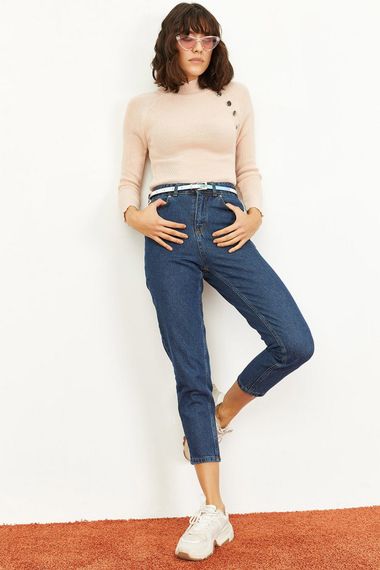 Qadın üçün Mom Stile tünd mavi cins şalvar 1006W1000
