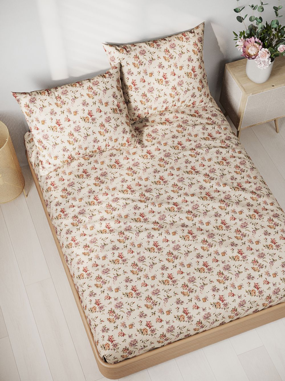 Постельное белье перкаль Сказка "Виктория" евро Наволочка 50х70 см 2 шт Простынь на резинке 180x200 см Пододеяльник 200x215 см