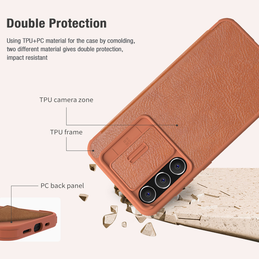 Кожаный чехол книжка коричневого цвета от Nillkin для Samsung Galaxy S23 FE, серия Qin Pro Leather с защитной шторкой для камеры