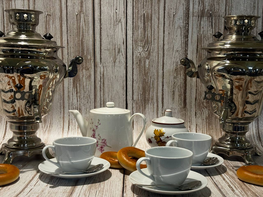 Чайная станция с двумя самоварами и керамической посудой 3л + 3л (30 порций)