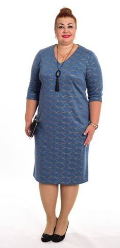 Платье женское на работу по фигуре праздничное повседневное на пуговицах вязаное плотное осеннее весеннее зимнее офисное футлярное синее голубое принт большой размер 54 плотное трикотаж вискоза с карманами рукав 3/4 силуэтное