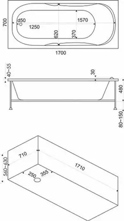 Акриловая ванна Bas Нептун 170х70 без слива-перелива