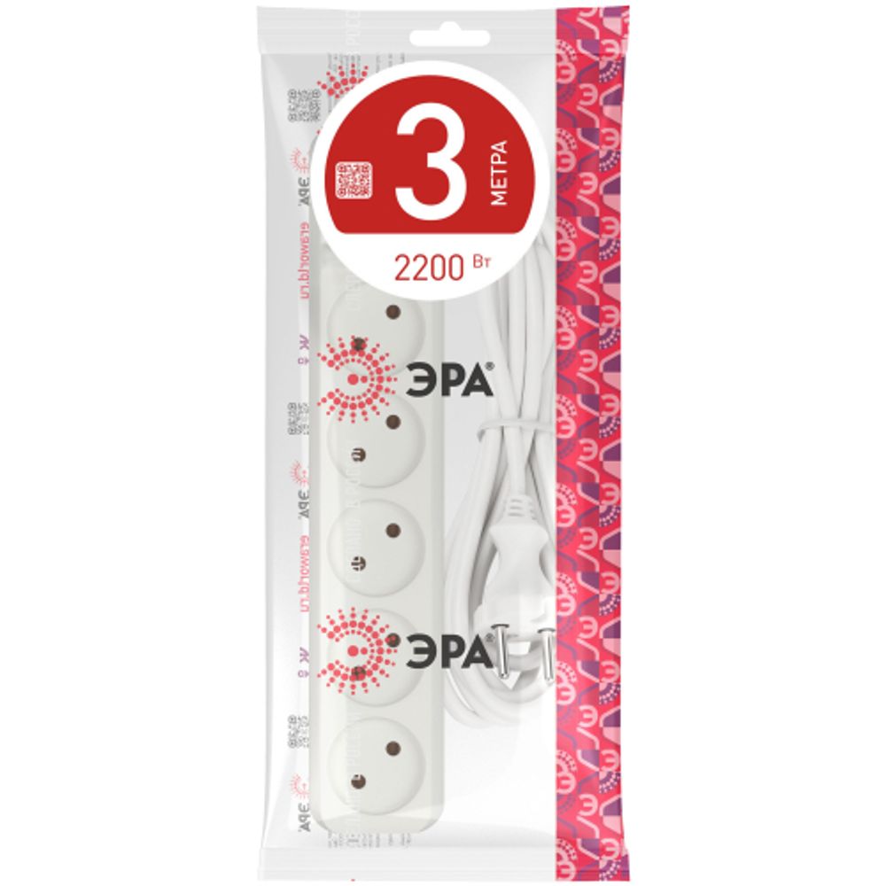 Удлинитель электрический ЭРА U-5s-3m-2x1 без заземления c выключателем 5 розеток 3м ПВС 2x1мм2 10А