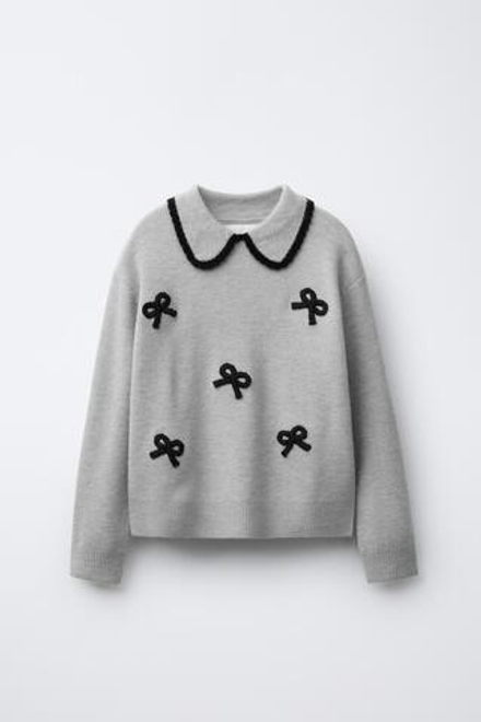 ZARA ВЯЗАНЫЙ СВИТЕР С БАНТАМИ, СЕРЫЙ