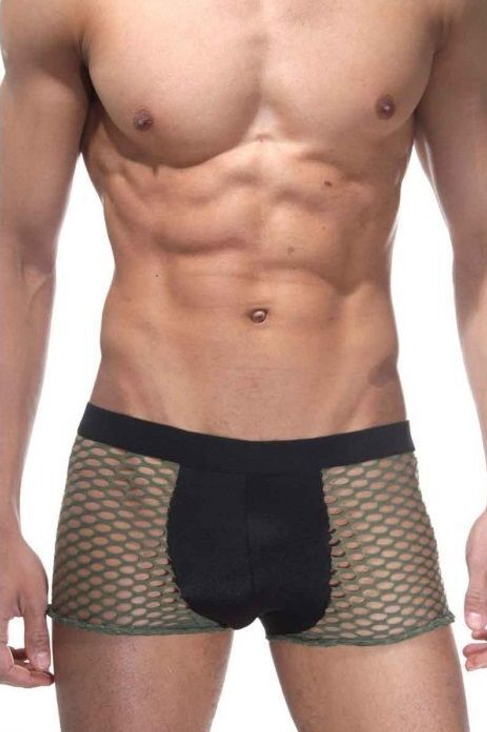 Сетчатые трусы-боксеры с непрозрачным черным гульфиком и поясом (Размер: S-M) (Цвет: хаки)