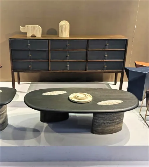 Комод 4638, 162х86 см, орех, синяя экокожа