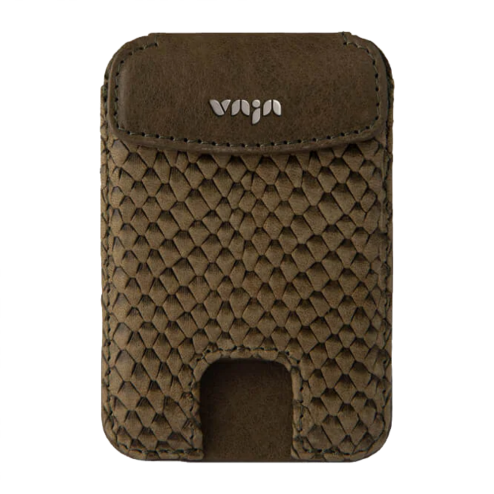 Магнитный кожаный чехол-бумажник Vaja V-Mag Mini Wallet Kobra Картхолдер ручной работы из натуральной кожи со змеиной фактурой и магнитной застёжкой. Вмещает до трёх карт (со временем — до семи)