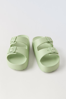 ZARA ШЛЕПАНЦЫ С ОБЪЕМНОЙ ПОДОШВОЙ И ПРЯЖКАМИ, ЗЕЛЕНЫЙ